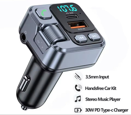 Car FM Transmitter Car MP3 Stereo Music Player Handsfree 3.5mm Aux Wireless Car Kit 30W PD USB-C Fast Charger Bluetooth 5.1